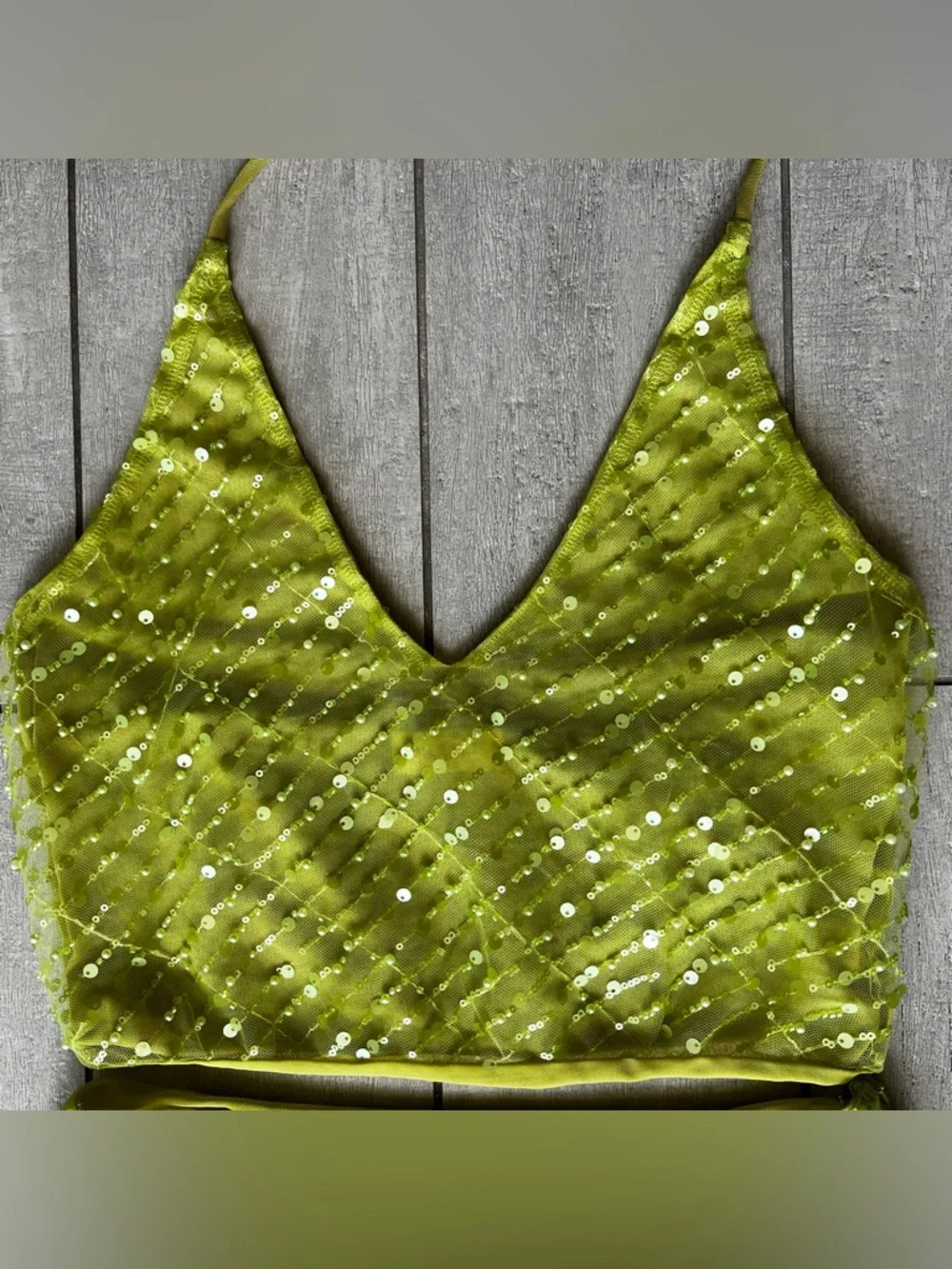 Meshki Lime Green Sequin Midi Dress Size S/M Halter Neck & Skirt Set - Picture 6 of 16